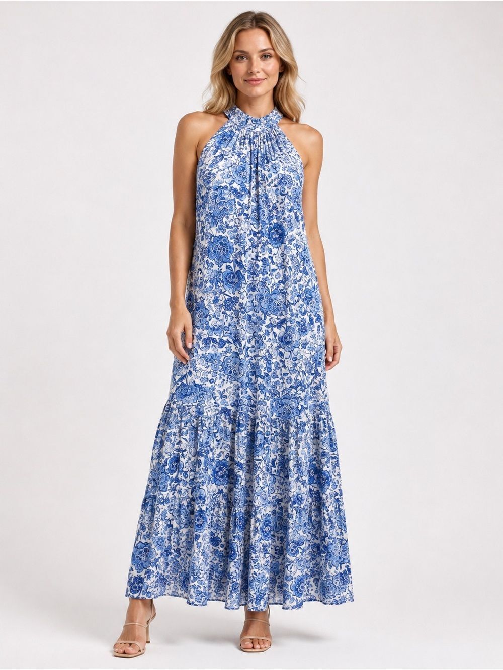 MSK Halter Maxi Dress Tiered Floral Print Sleeveless Blue White Large NEW